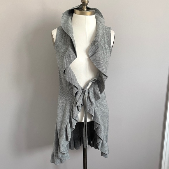 Gray Wool Blend Duster Knee Length Long Ruffle Tie Vest - S/M - Picture 2 of 10
